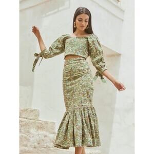 EDDY-Lauren Embroidered Puff-Sleeve Fringe Top-Spruce Butterfly Embroidery Sz:XS